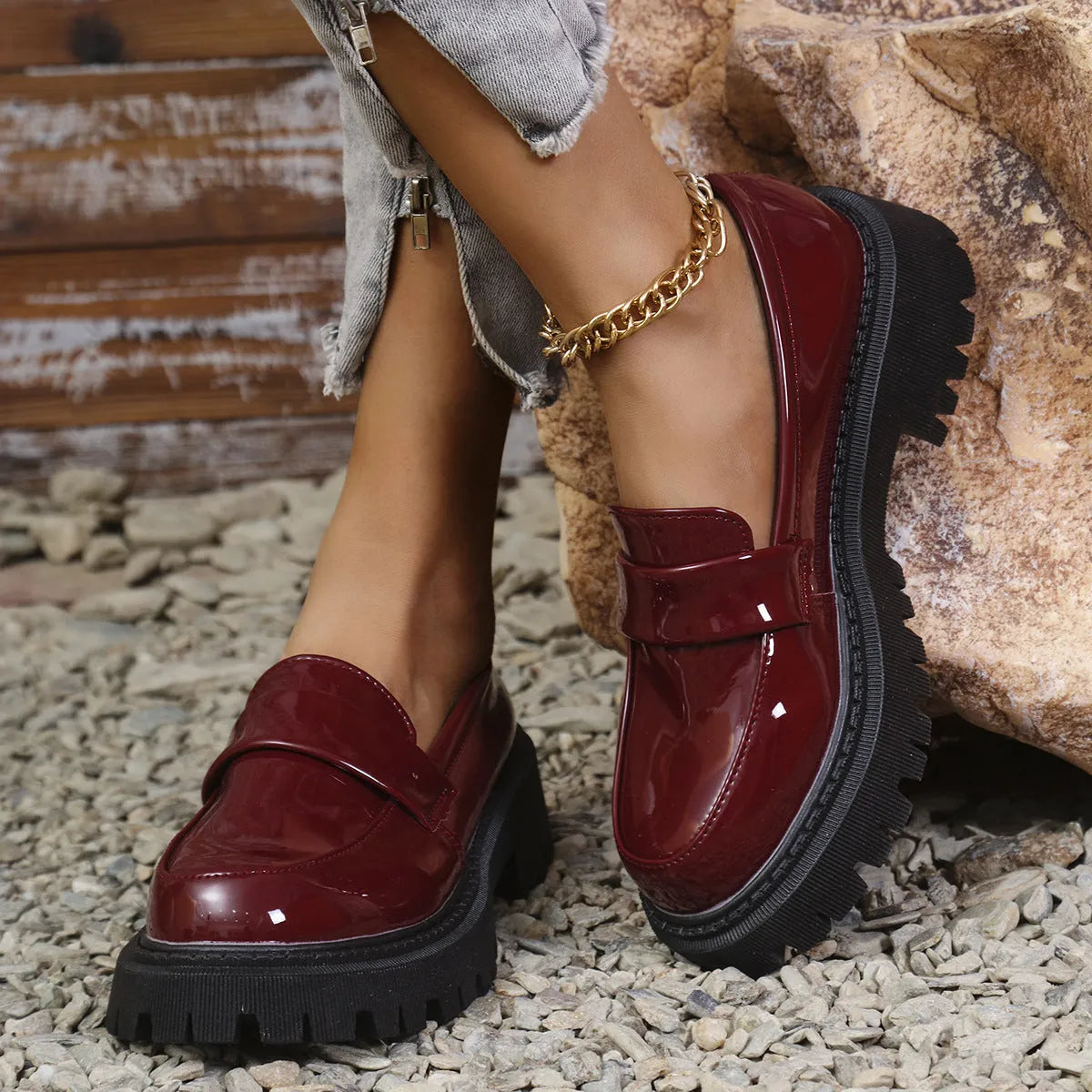 Plus size slip-on loafers with chunky platform heel in black, wine red or green colours
