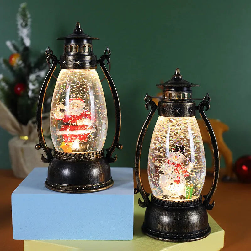 Portable plastic Christmas desk decoration featuring a crystal ball light and a choice of snowman or elderly figure design.