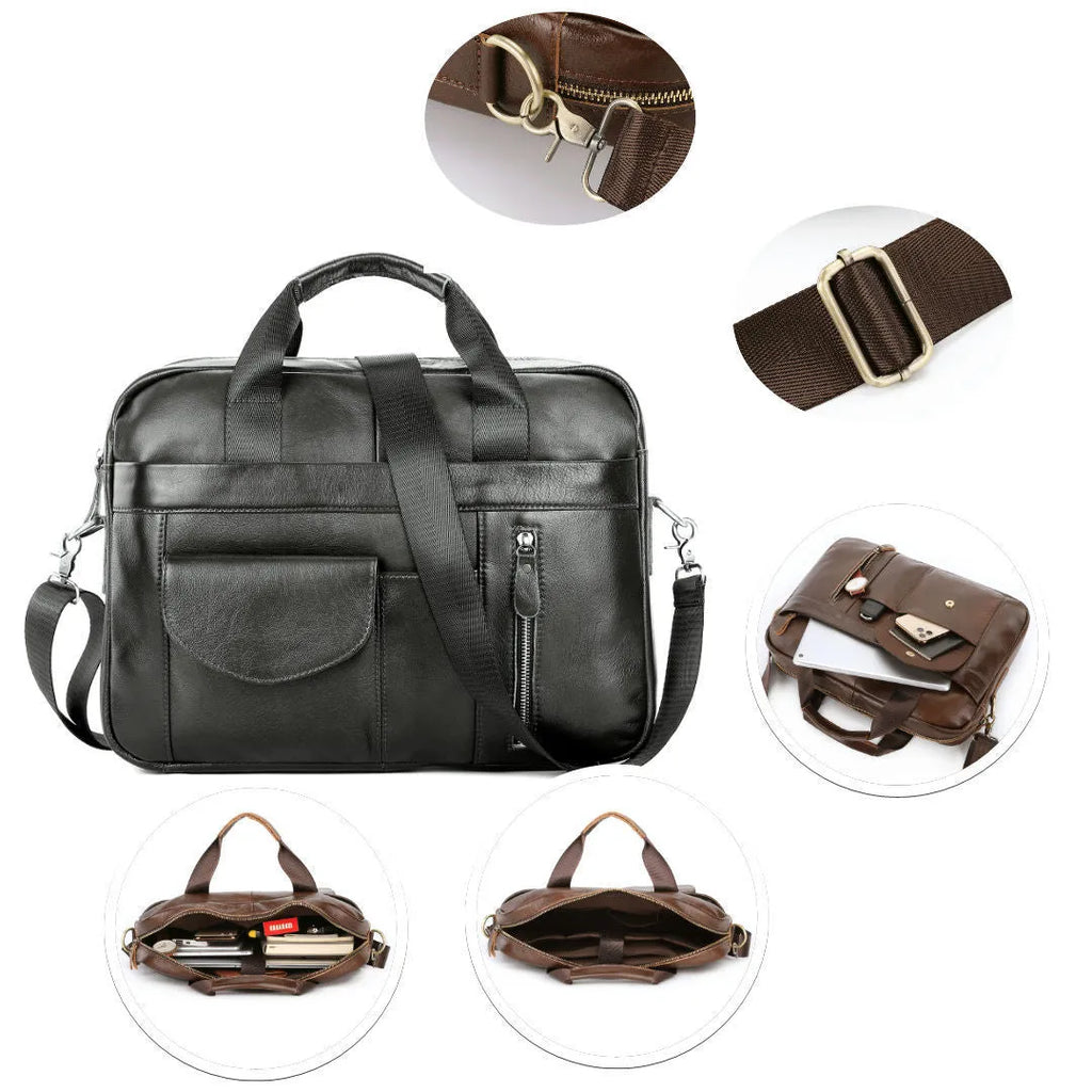 Men's leather cross-body briefcase, 10 inch vertical square first layer cowhide bag with zip, black and brown