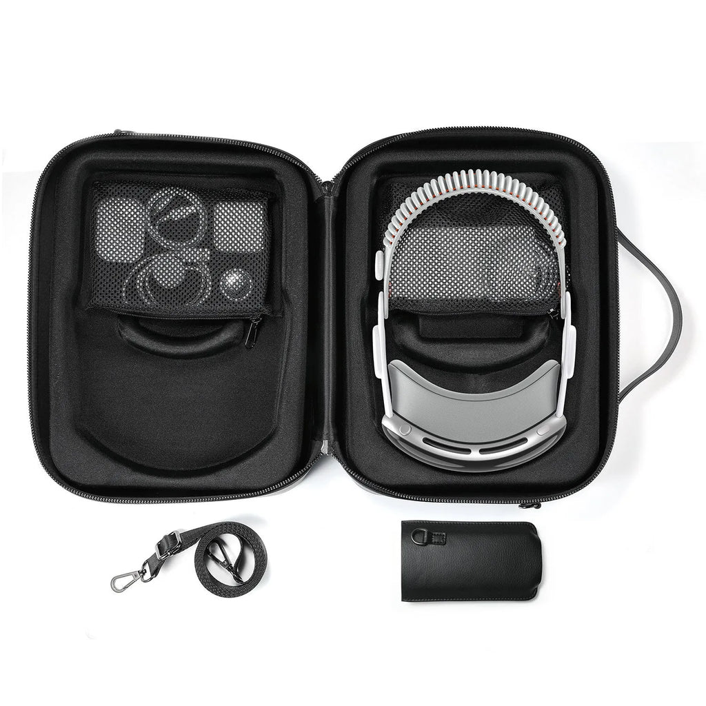 Black superfiber MR glasses storage box for Apple Vision Pro with dimensions shown.
