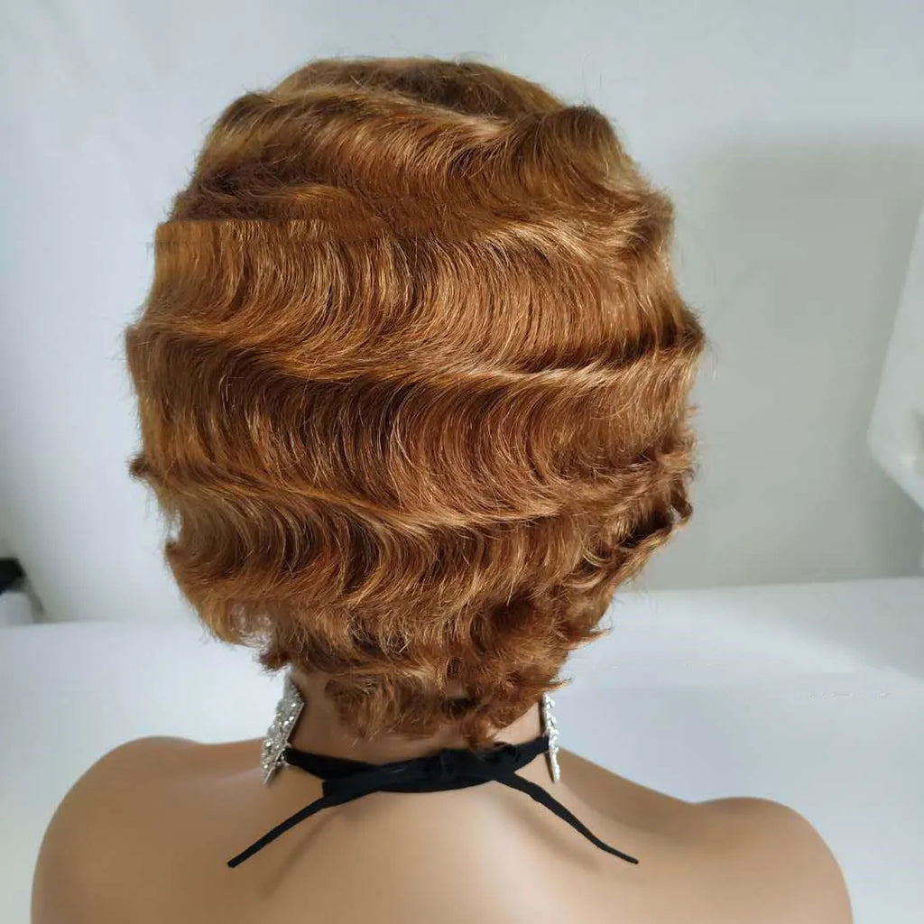 Pixie cut short bob wig in retro finger wave style with Remy human hair, 4 inch length, shown in photo colour