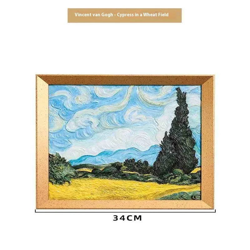 DIY oil painting kit with colour pots, brushes, and a canvas showing Van Gogh's Starry Night design.