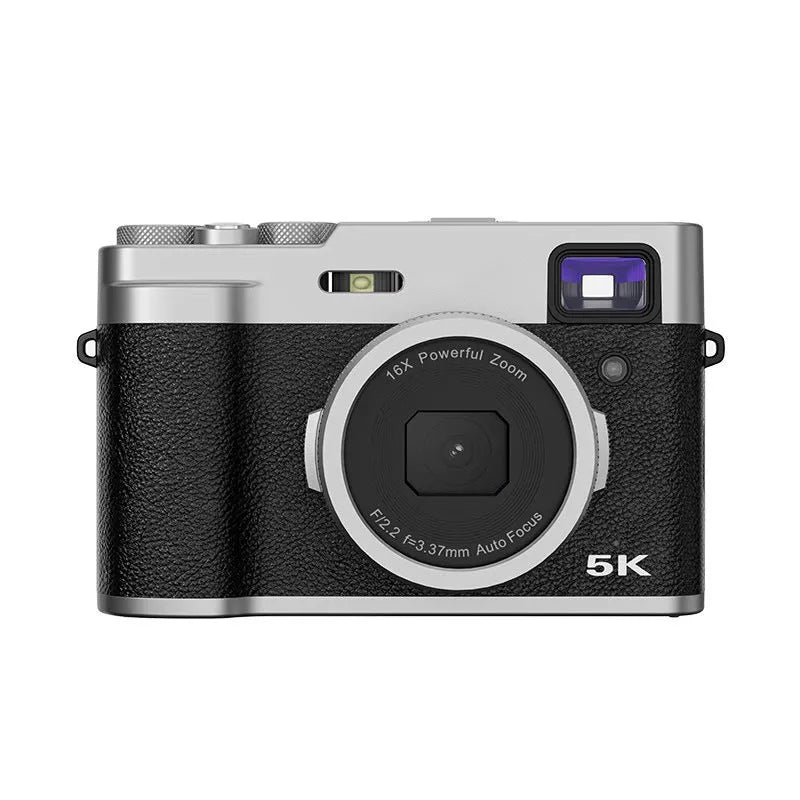 Black 5K digital camera with front and rear lenses, optical viewfinder, and a 2.88-inch display screen on the back.
