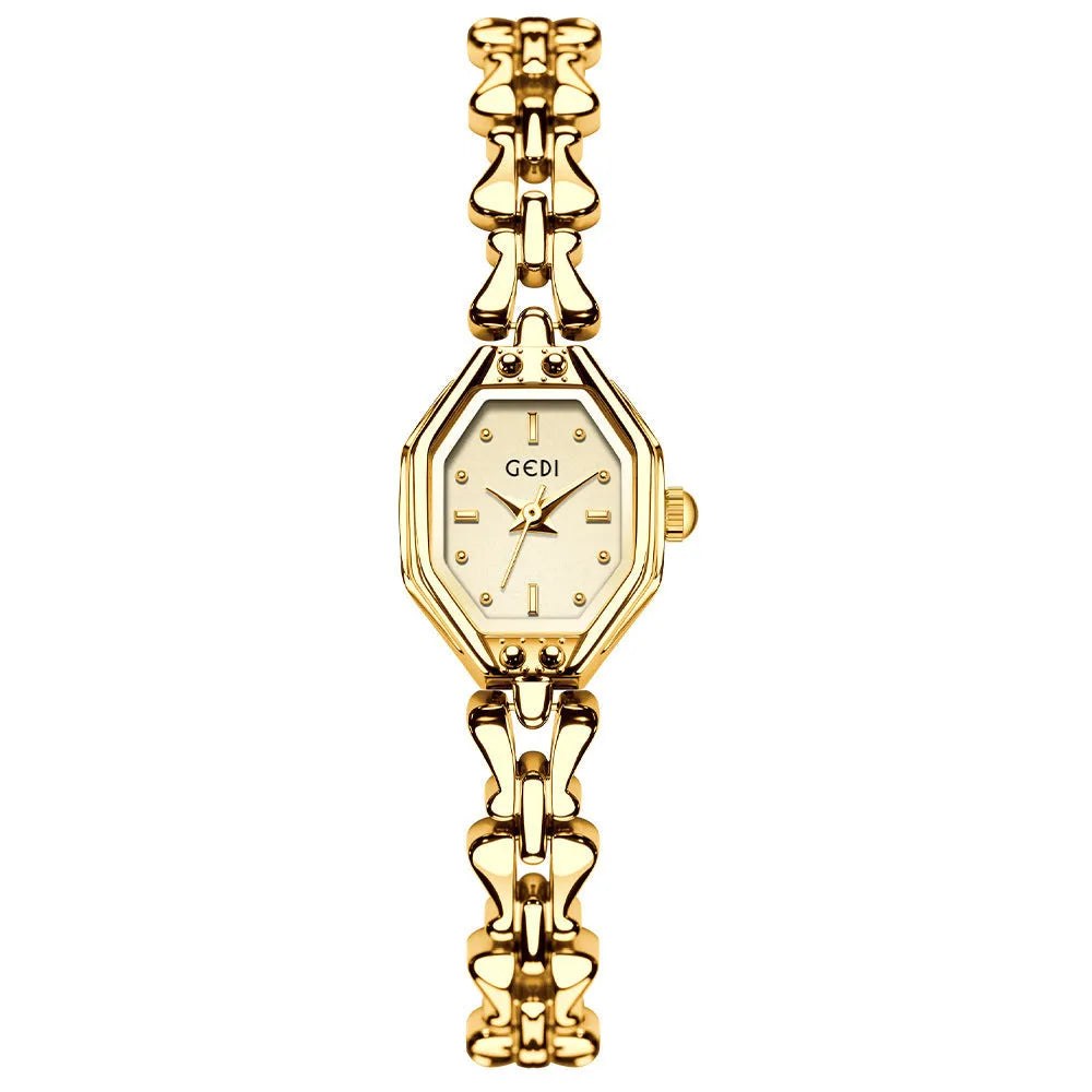 Luxury retro octagonal women's quartz watch with alloy strap and mineral glass dial in steel gold finish
