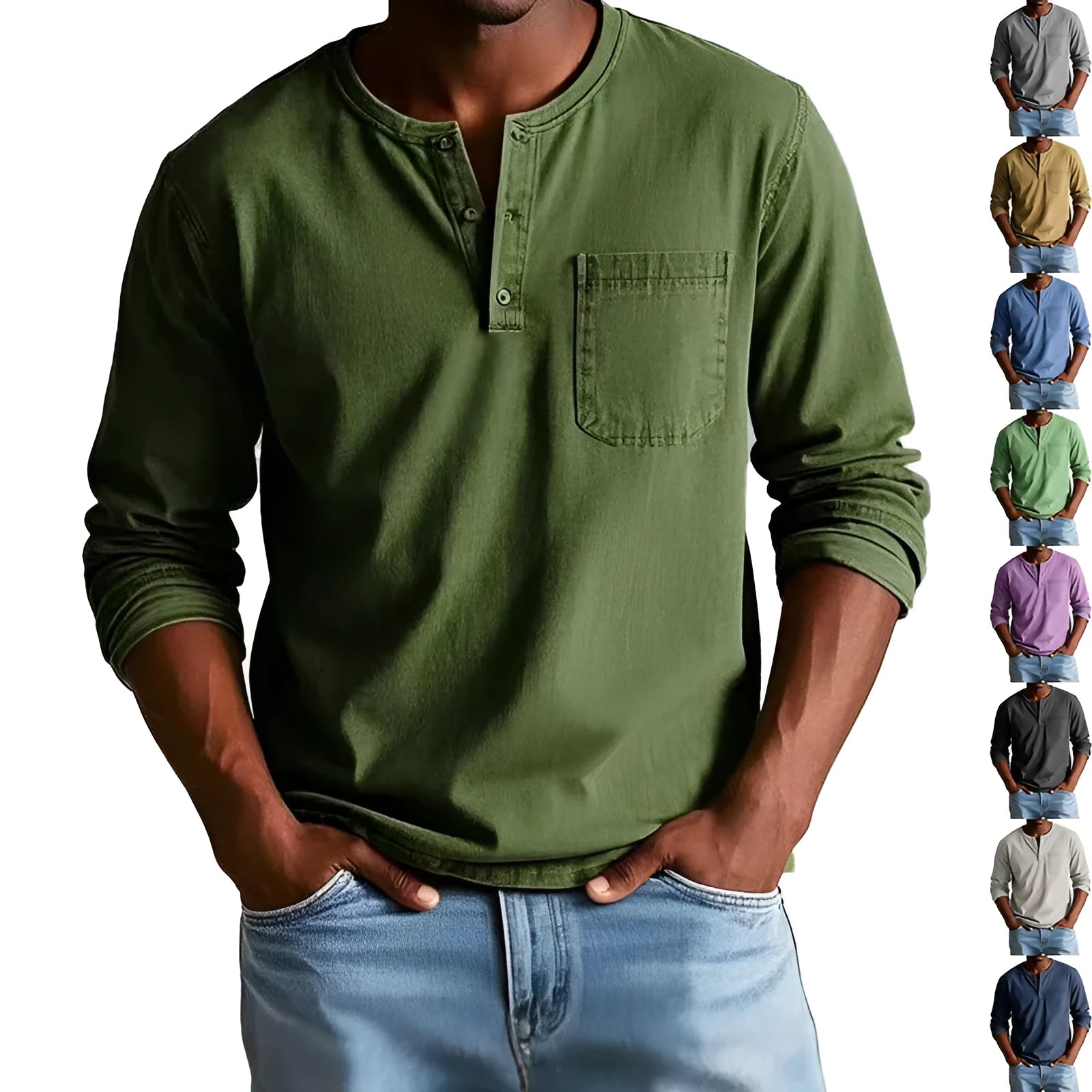 Men's V-neck long-sleeved t-shirt with button design in solid colour, front view showing polyester fibre fabric