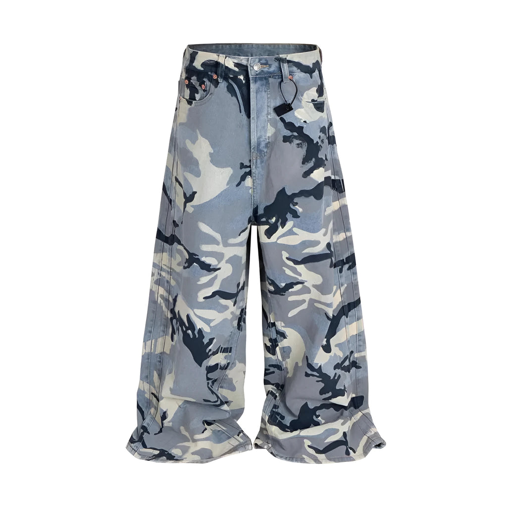 Snow camouflage blue loose fit denim jeans for men and women on a hanger.
