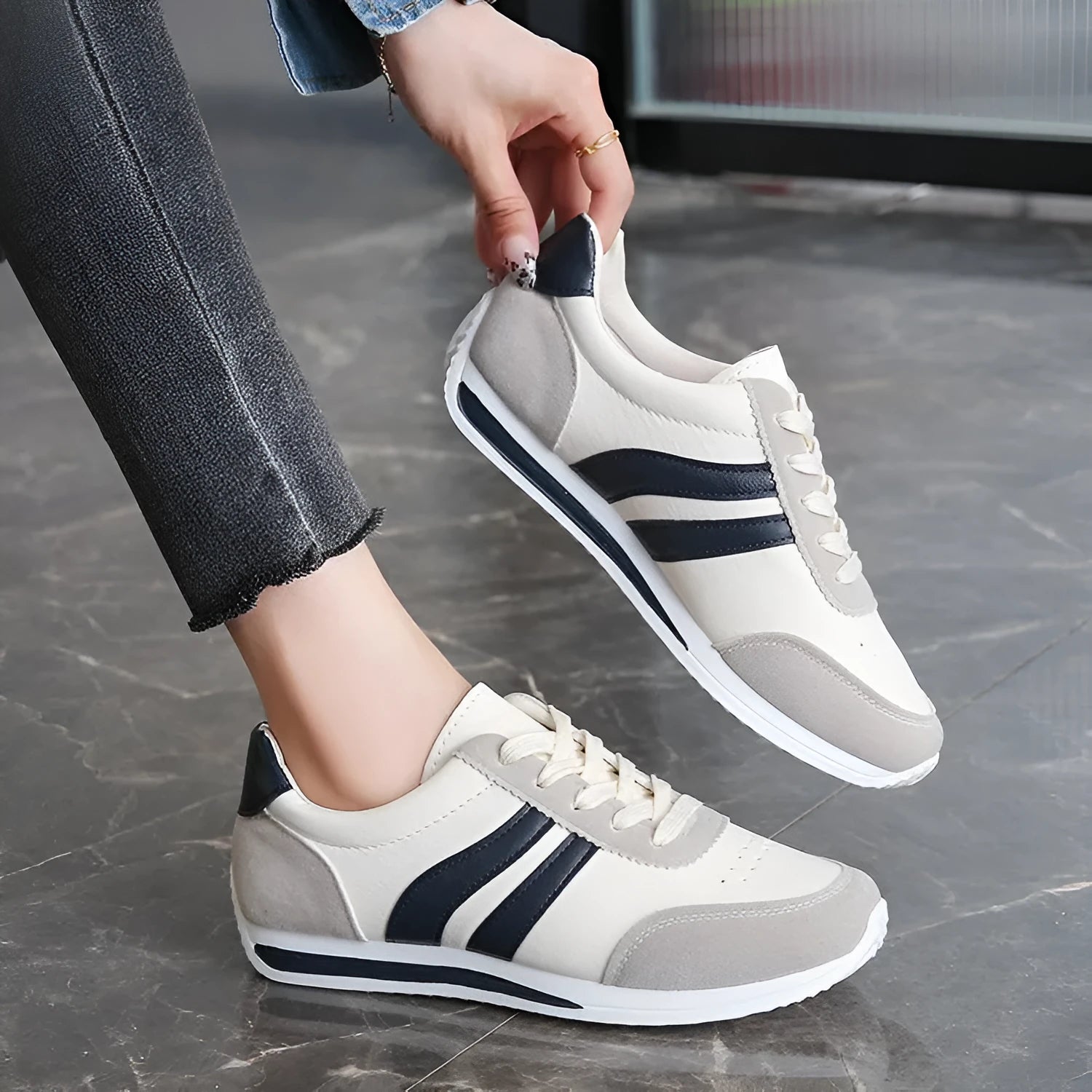 Red and blue lace-up sneakers with soft rubber soles and PU mesh upper