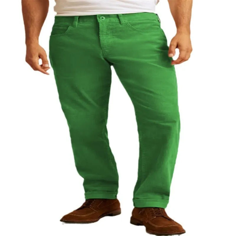 Cotton blend corduroy straight leg casual trousers on a hanger, shown in Army Green colour.