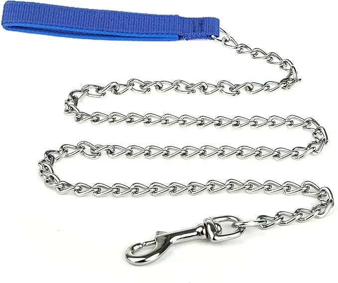 Heavy-duty metal chain dog leash with a soft black padded handle, shown with a red colour option.