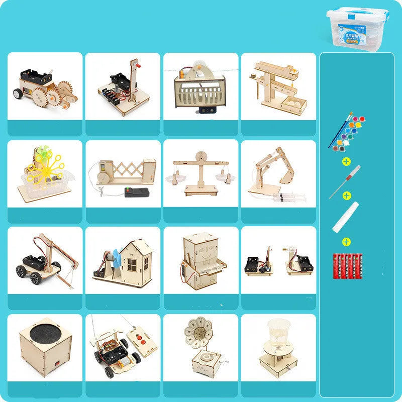 Physical science and technology small production kit with 16 wooden pieces, paint, screwdriver, glue and batteries for kids aged 7-14