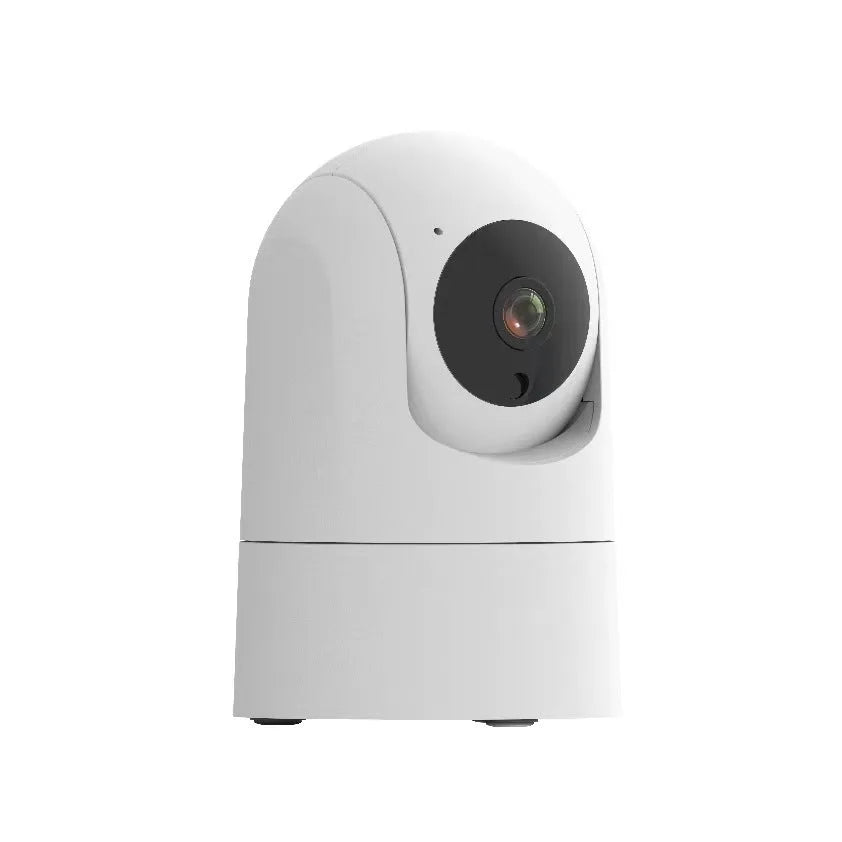 White indoor security camera with 5G dual-band, two-way voice, and electronic zoom features