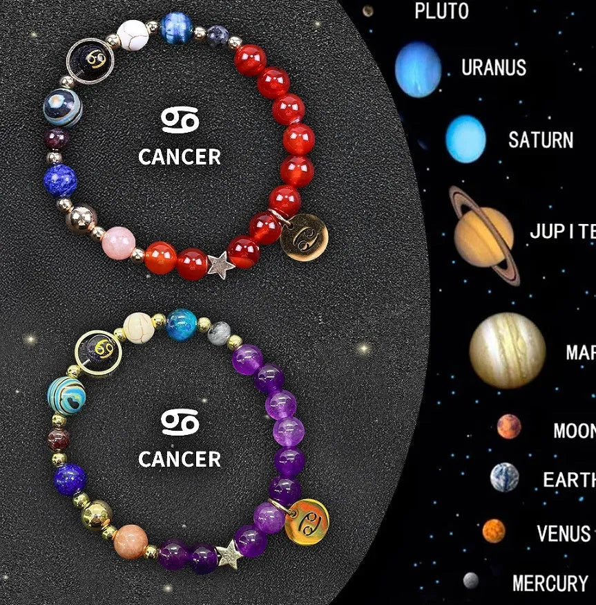 Set of twelve natural stone beaded bracelets, each representing a different zodiac sign.