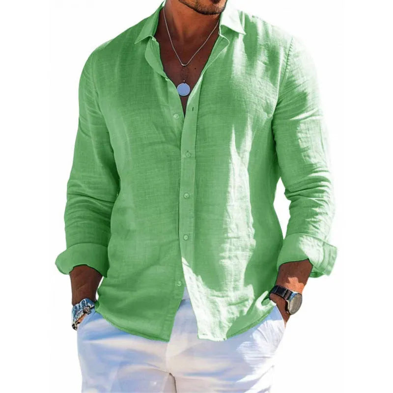 Men's loose fit long sleeve shirt in solid colour with lapel collar and button front, polyester fabric