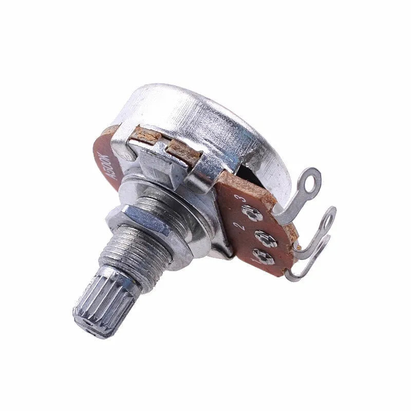 A single metal electric guitar control knob for potentiometers, shown with selection options for 250K or 500K resistance for tone or volume.