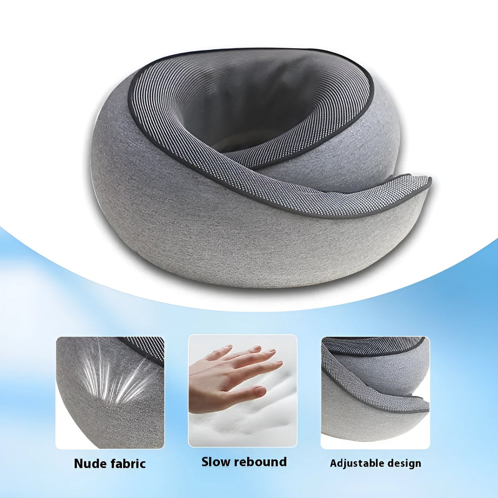 U-shaped memory foam travel neck pillow in a storage bag with colour options shown.