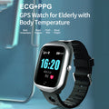 Black elderly smartwatch with square 1.3-inch screen and silicone strap, showing phone and SOS functions.