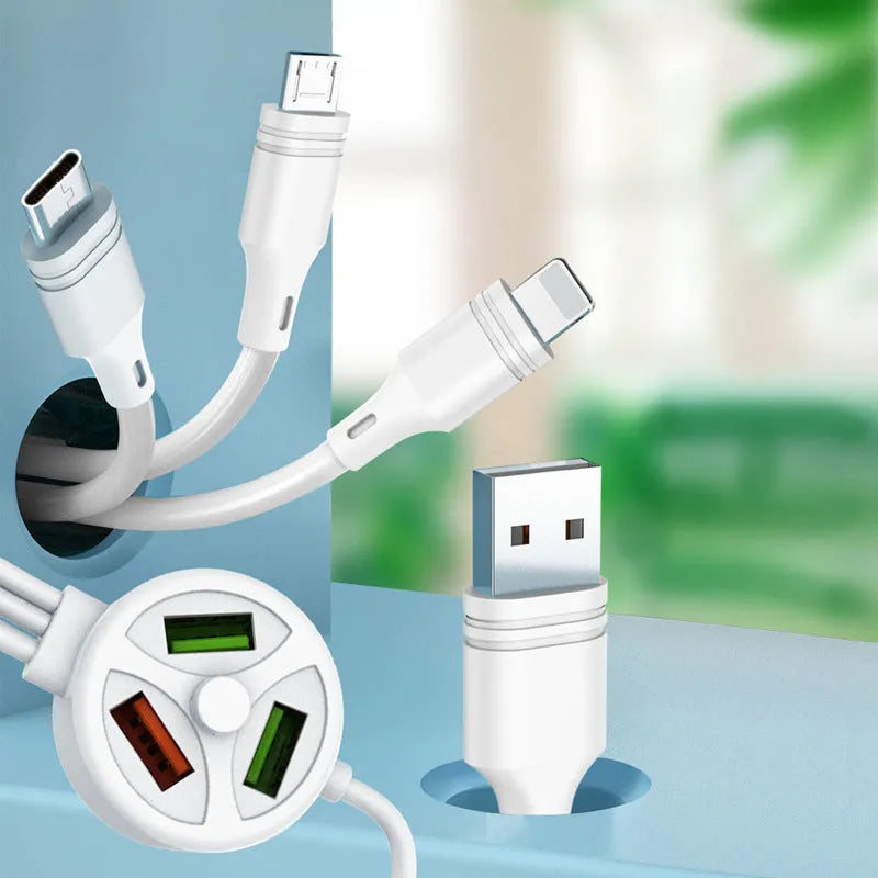 PDPVC mobile phone charging cable with USB, Micro USB, and TYPE-C connectors on a 1.2m PVC cable.