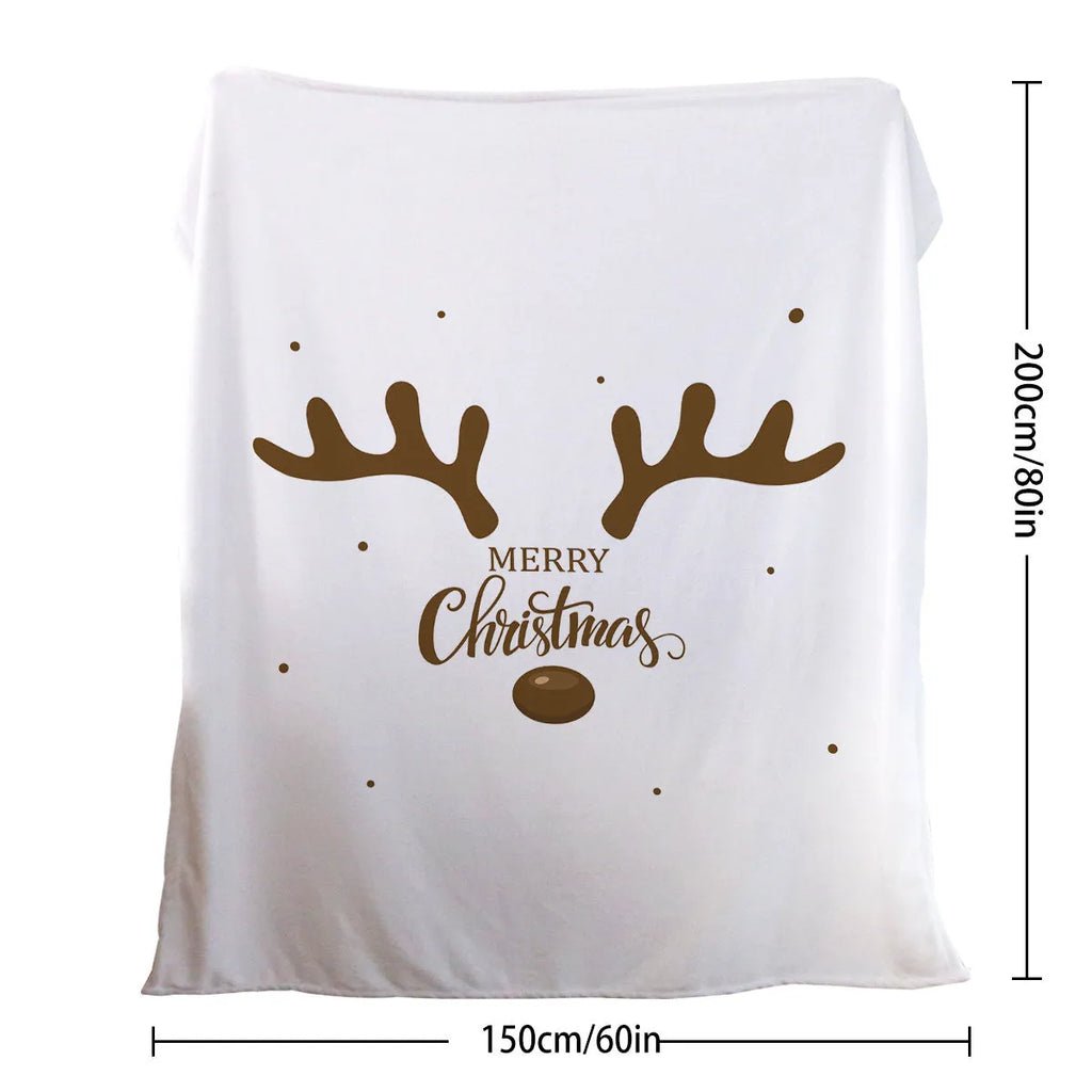White deer antler pattern Christmas flannel velvet throw blanket with hemmed edges, available in three sizes