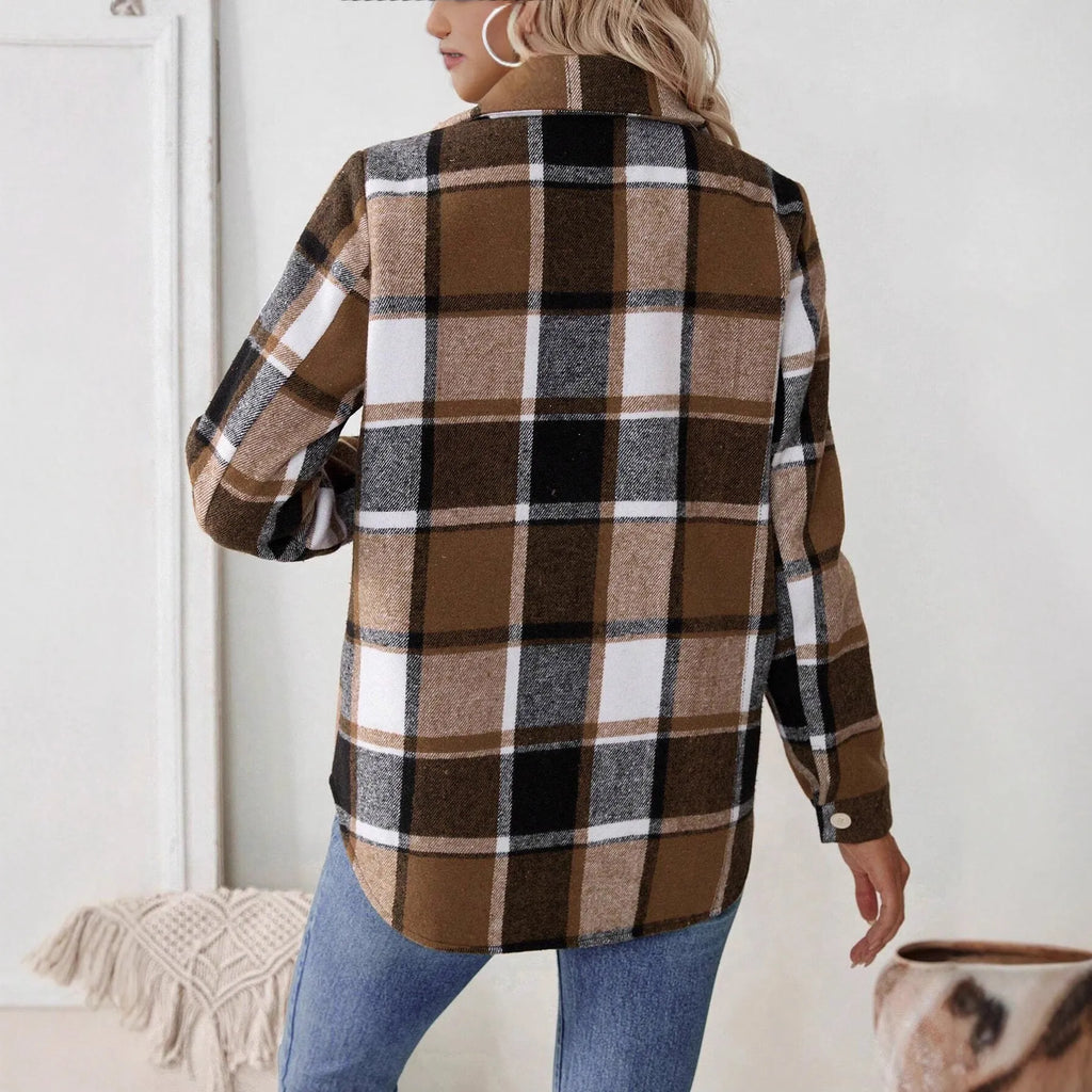 Woven plaid button shirt collar jacket top in brown, polyester, with pockets, medium thickness, regular fit