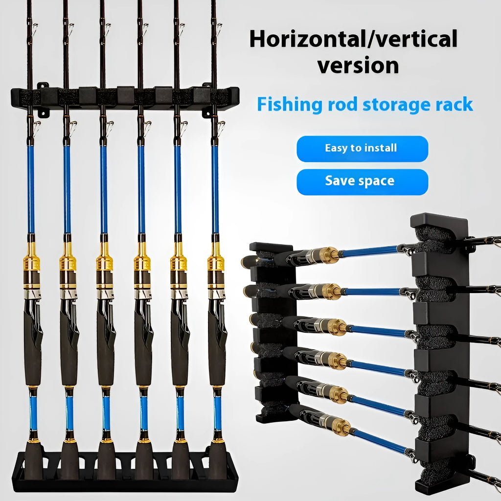 Black ABS plastic wall-mounted fishing rod holder shown in upright and horizontal styles.