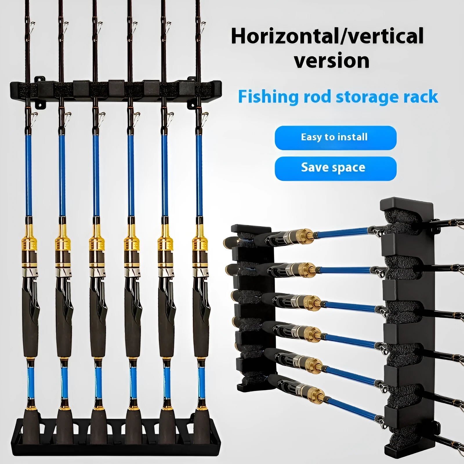 Black ABS plastic wall-mounted fishing rod holder shown in upright and horizontal styles.