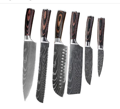 7CR17 stainless steel chef knife with laser Damascus pattern and colour steel handle