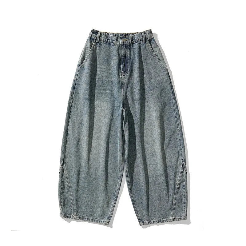 Men's plus size wide leg baggy jeans in cotton denim available in light blue, dark blue, and black colours