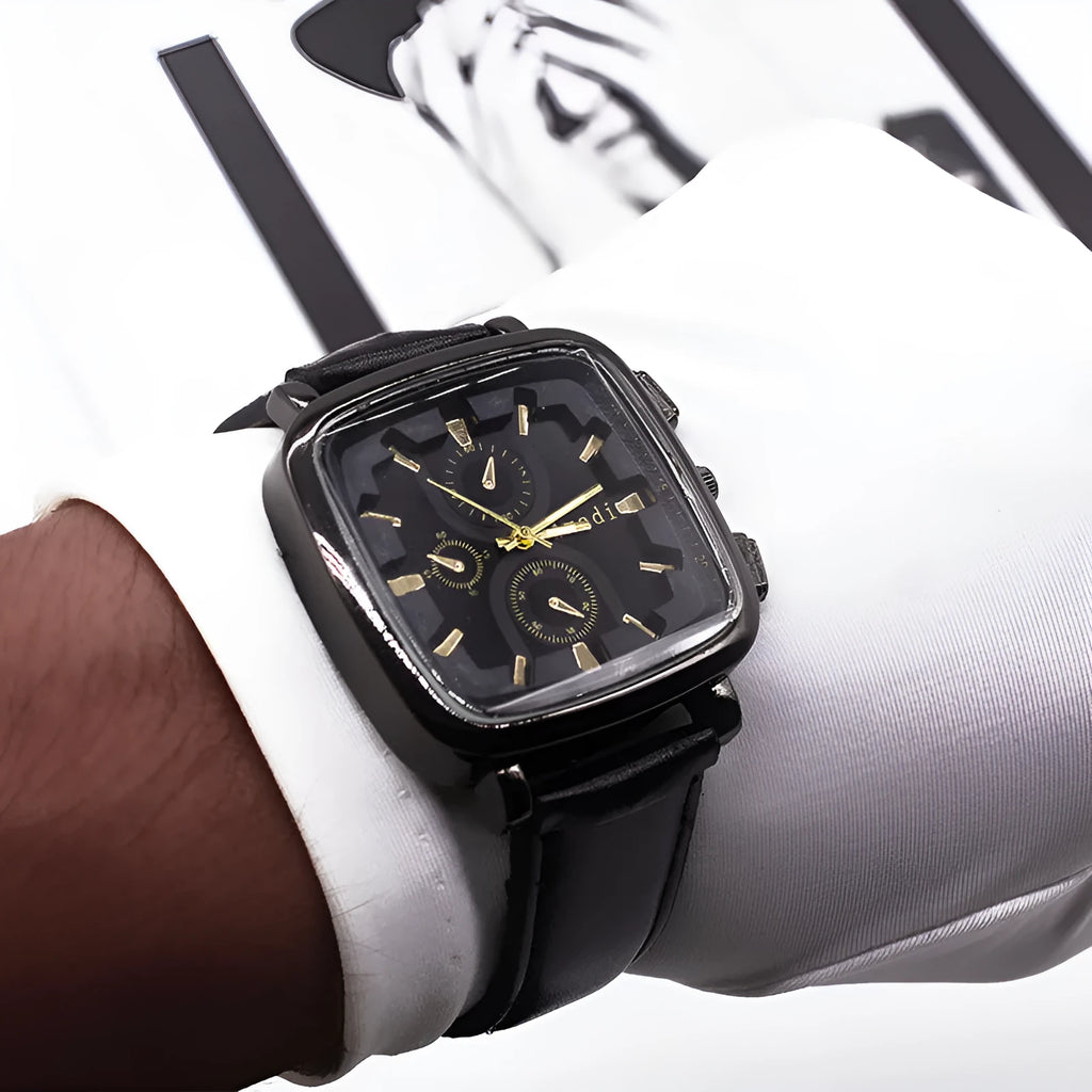 Men's black quartz watch set with imitation leather strap and pin buckle in two-piece box