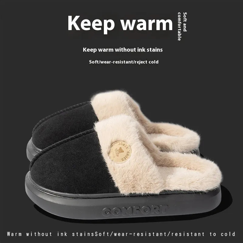 Plush fleece indoor slippers with thick PVC non-slip soles in multiple colours.