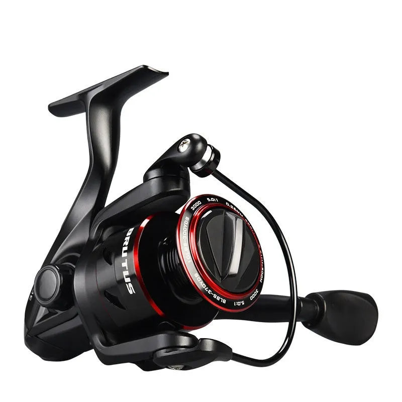 All-metal fishing reel attached to telescopic fishing rod in collapsed position