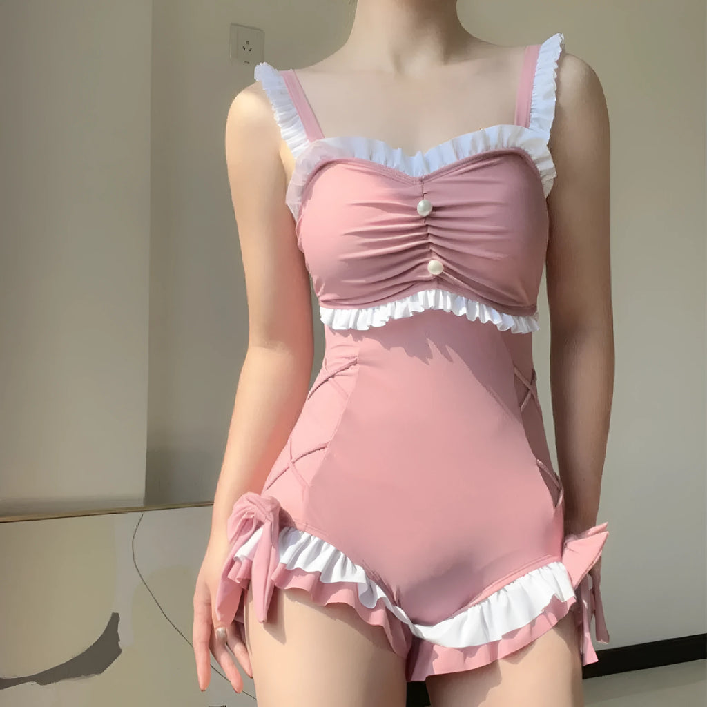 Women's solid colour milk silk one-piece swimsuit in pink or blue with sleeveless design