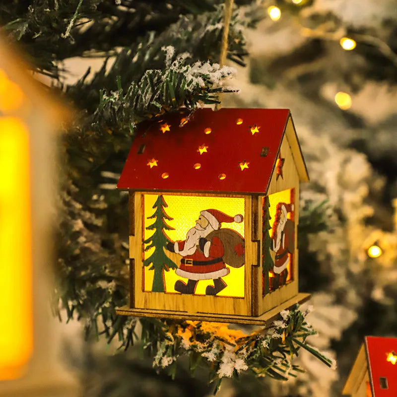 Wooden festive pendant 7cm x 7cm x 9cm with LED wick and battery in snowman, Santa or elk design