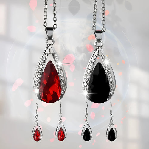 Black and red teardrop glass pendant necklace with matching earrings jewellery set
