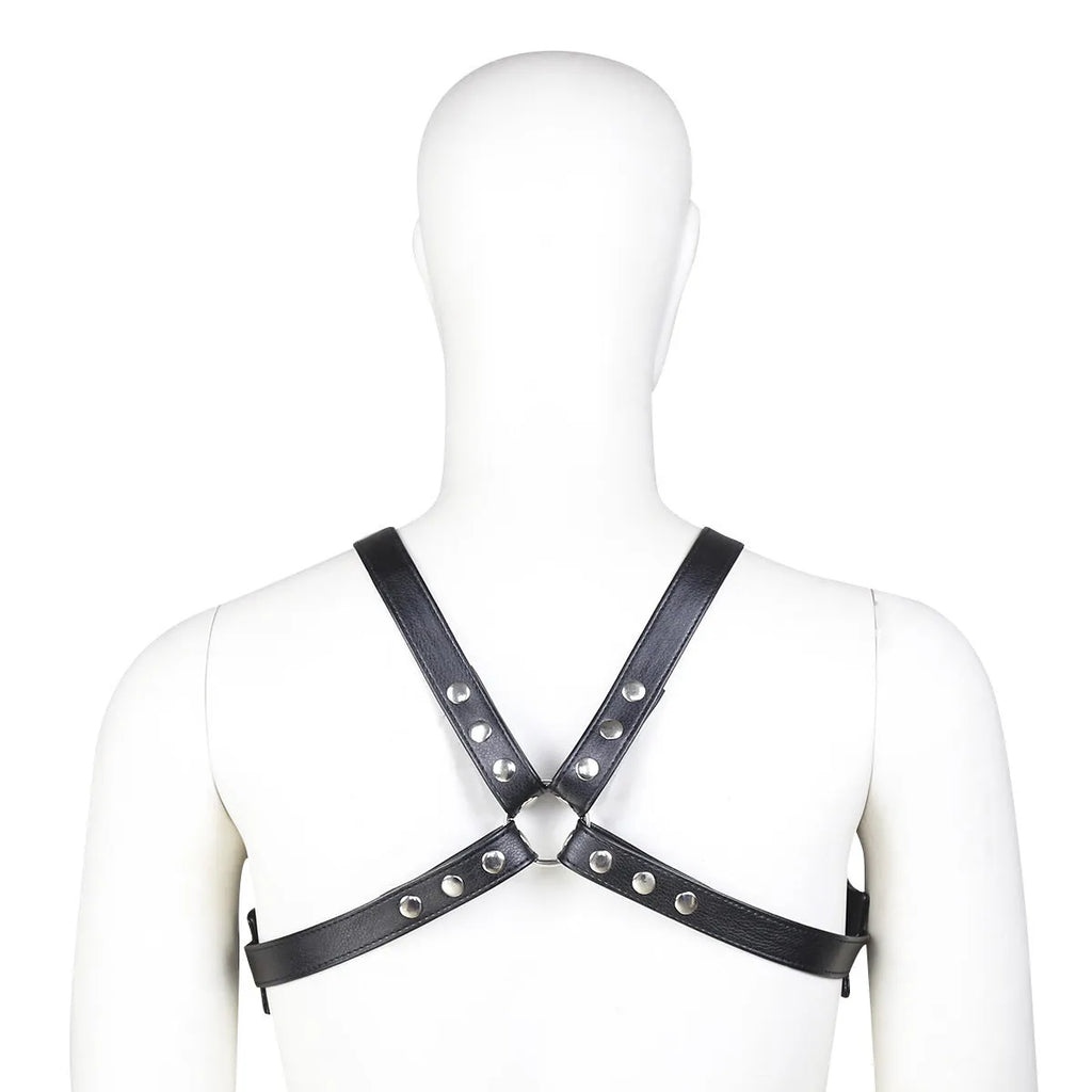 Men's black leather adjustable chest strap for intimate wear