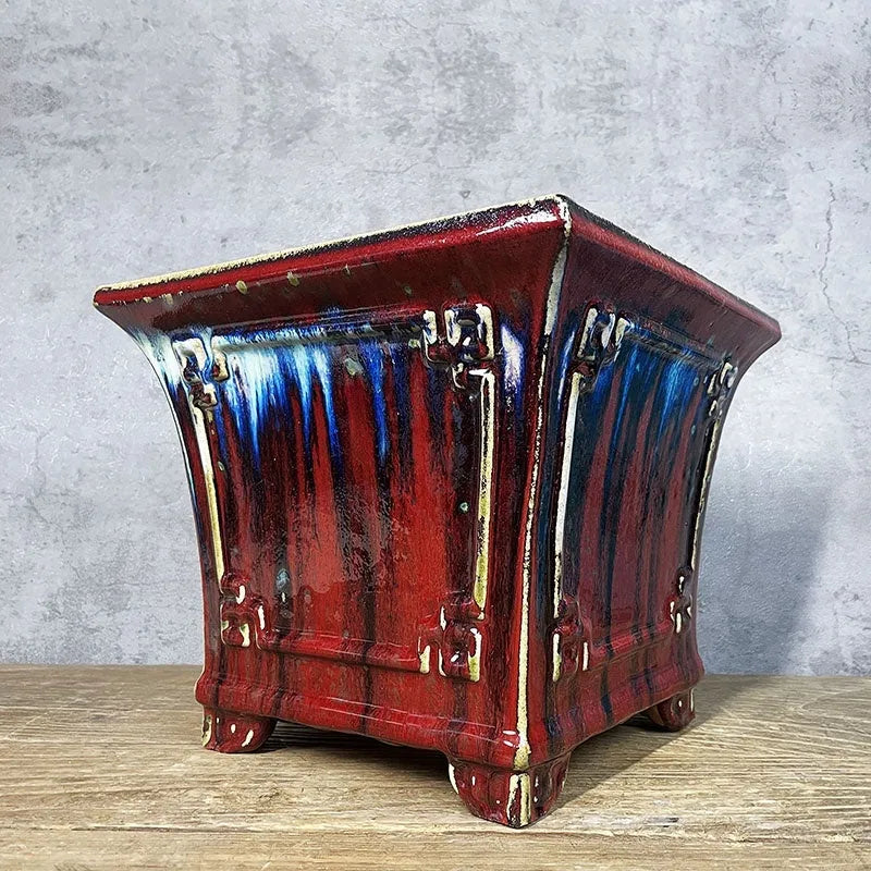 27cm ceramic square flower pot with retro red glaze changing finish for orchids