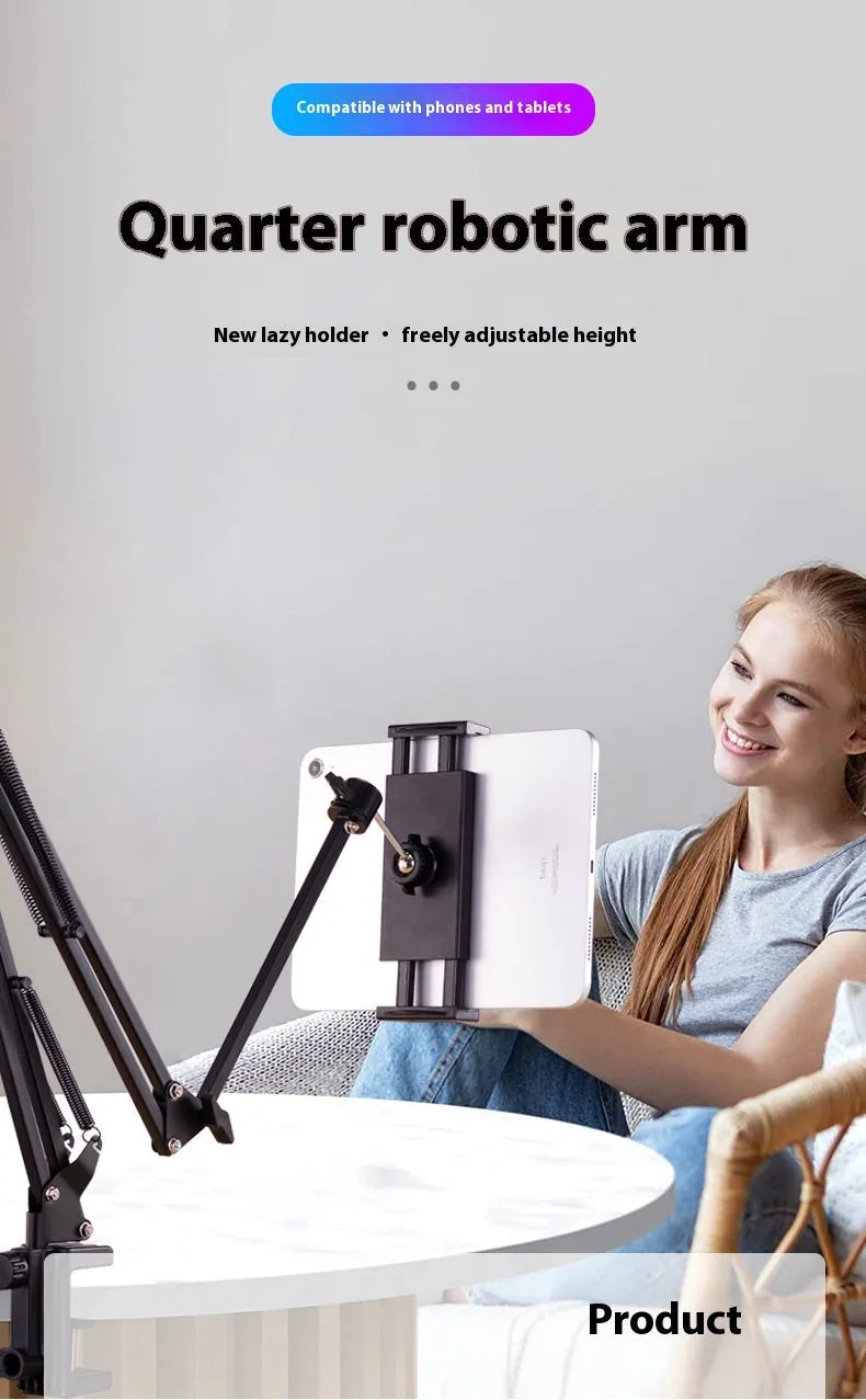 Black foldable metal desktop cantilever bracket holding a tablet, showing adjustable arm and clip.
