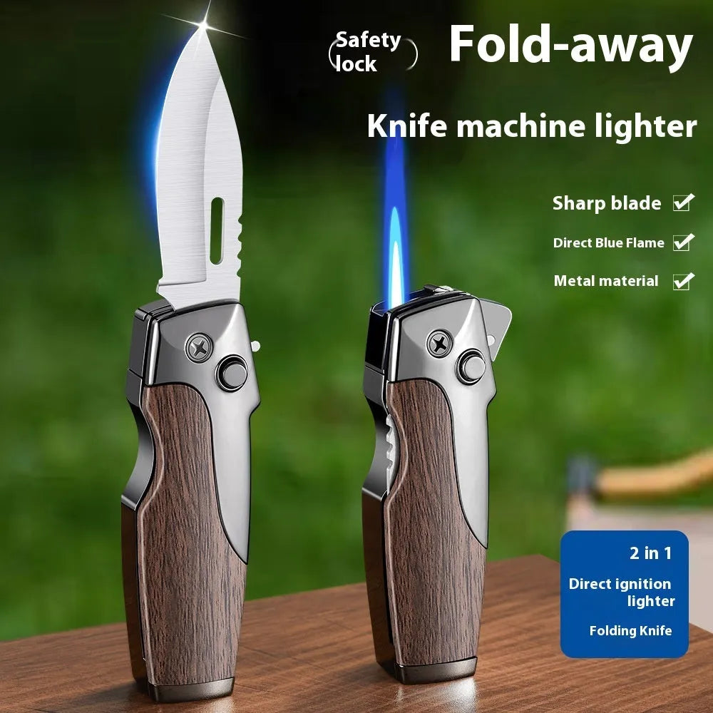 Metal folding lighter and pocket knife combo tool in zinc alloy with straight jet flame and folding blade