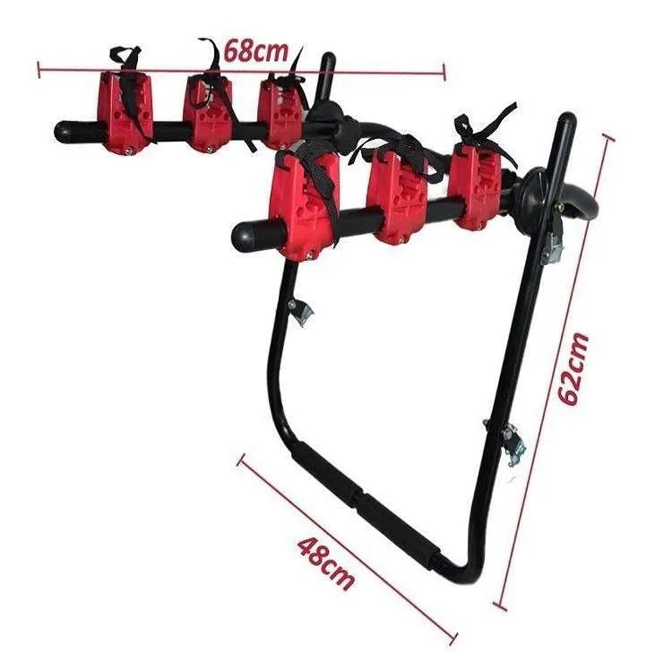 Black and red iron frame bike rack for car boot mounting, showing pull belt and tie rope fastenings.