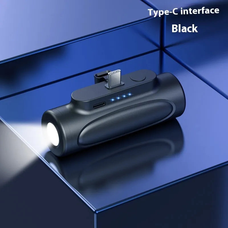 Black creative power bank with integrated LED flashlight, showing USB-C port, dimensions 83x27x41mm.