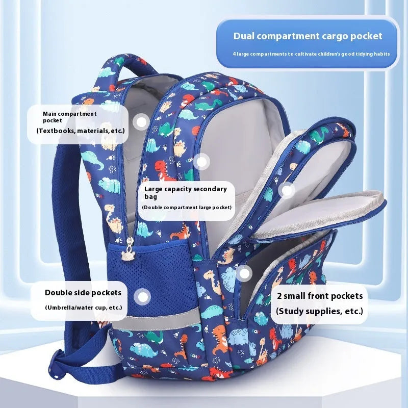 Children's waterproof school backpack in Oxford cloth with dinosaur pattern and curved shoulder straps