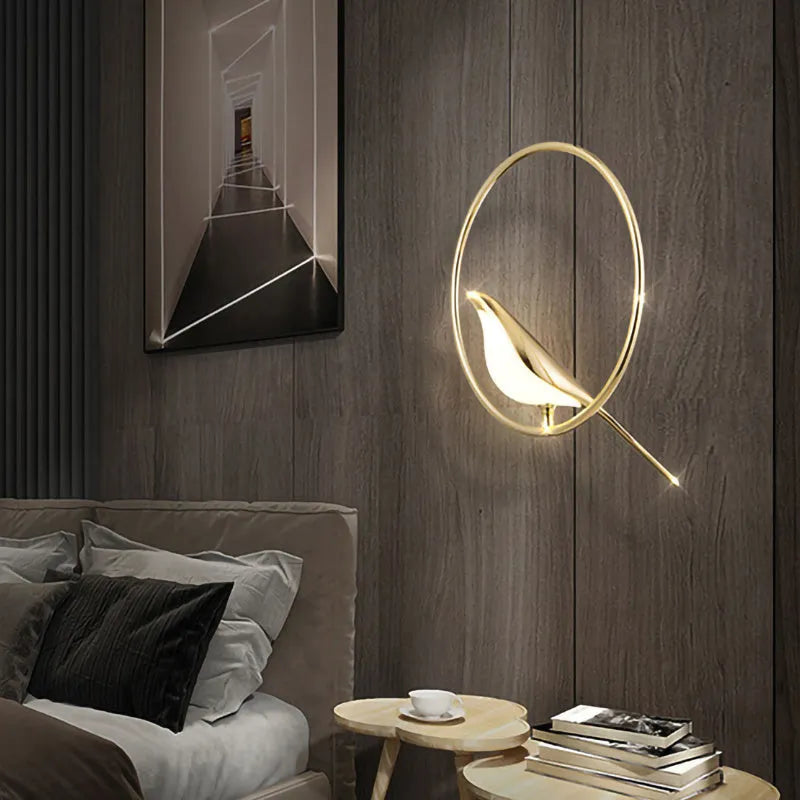Tall, linear modern magpie bird chandelier with zinc alloy frame and acrylic details, hanging at 150cm.