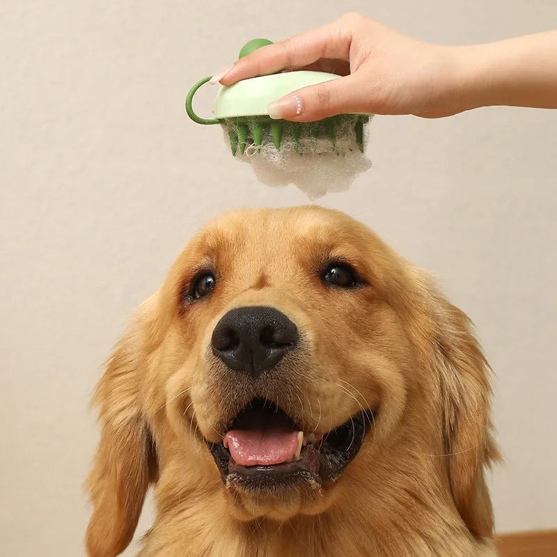 Handheld soft silicone pet hair remover and massage brush for dogs in assorted colours.