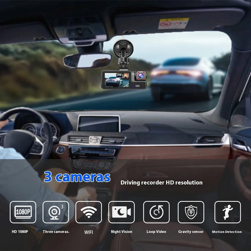 Wi-Fi enabled car dash cam with 2-inch screen on a windscreen, showing a rear-view reversing camera image.