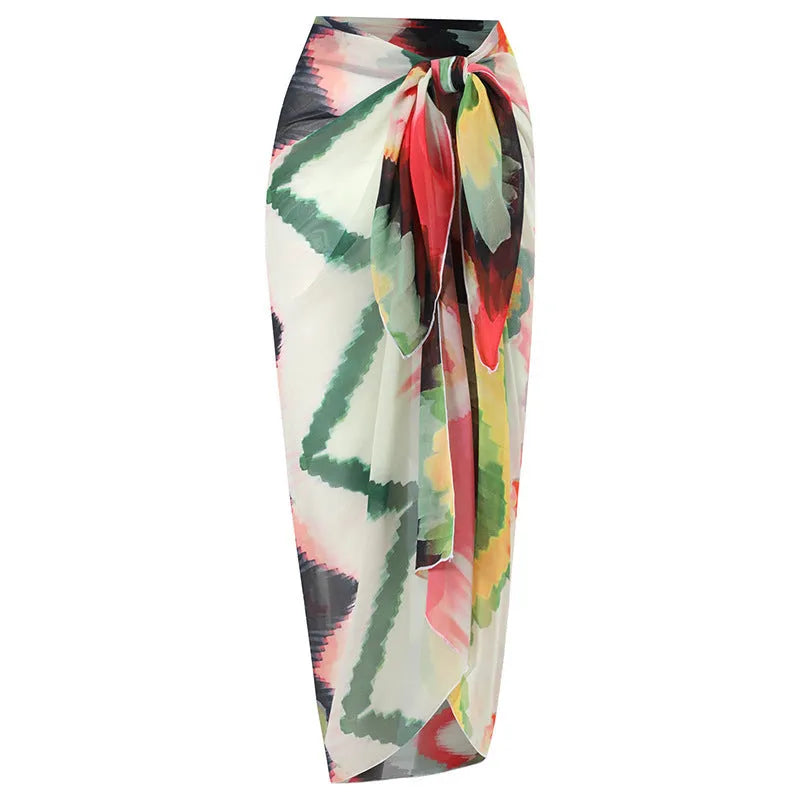 Women's two-piece swimsuit set with matching hip skirt in printed pattern