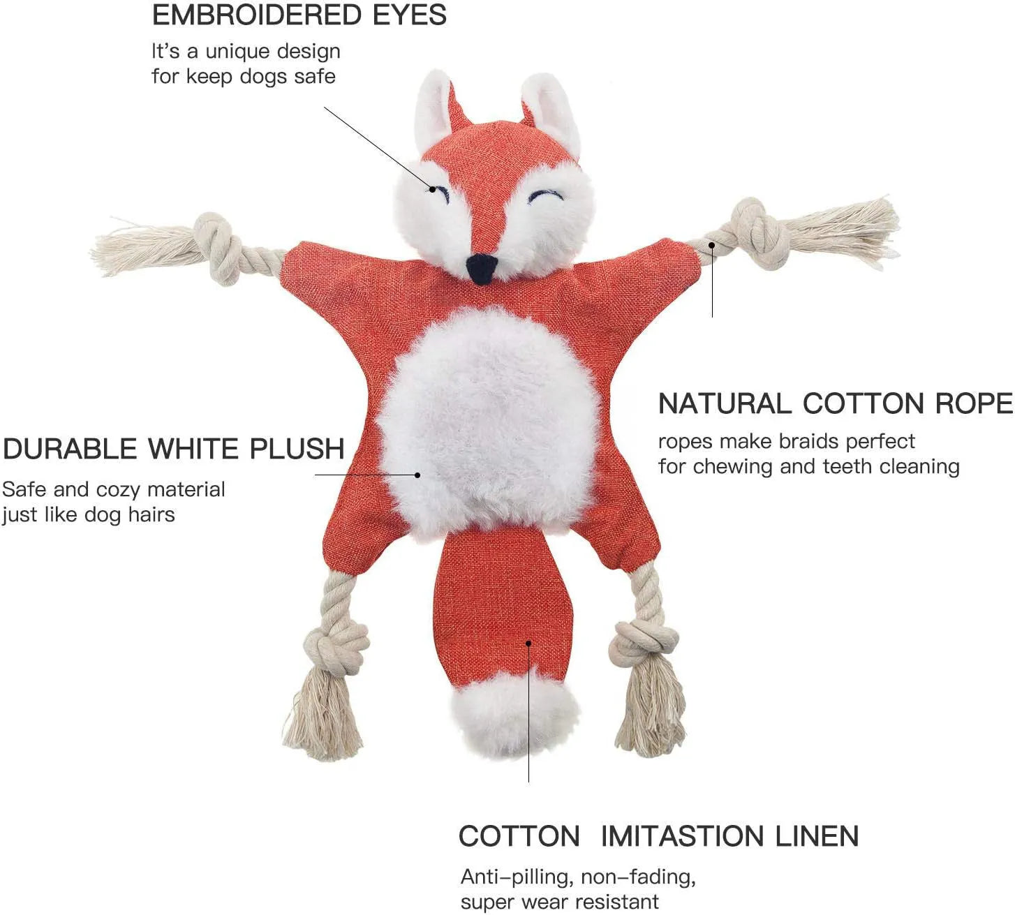 Brown stuffless plush fox dog toy with embroidered eyes, cotton rope arms and legs