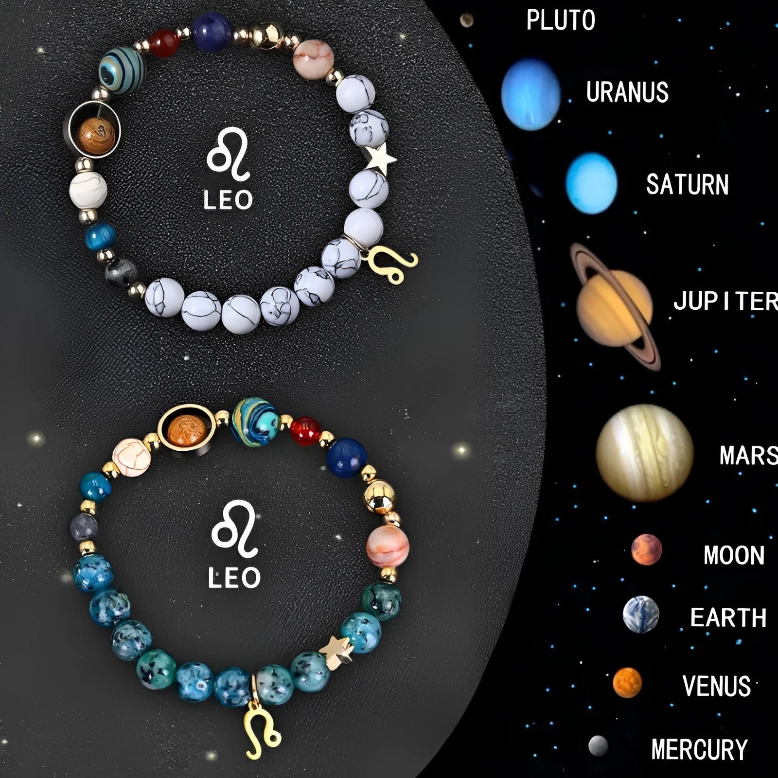 Two natural stone beaded bracelets with zodiac sign designs and adjustable string closures