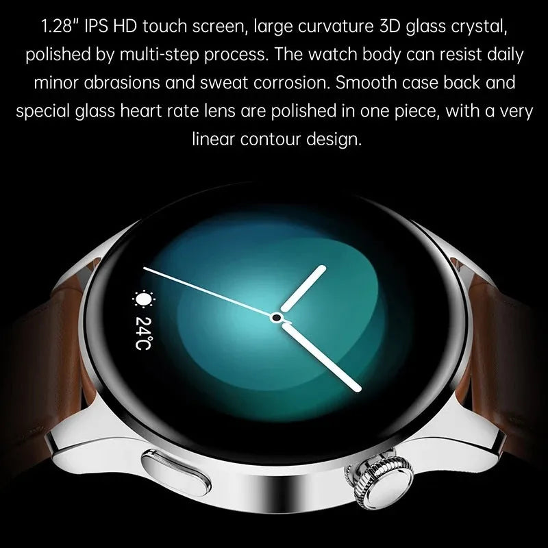Smart watch with round colour touch screen on a wrist, showing heart rate and call interface.