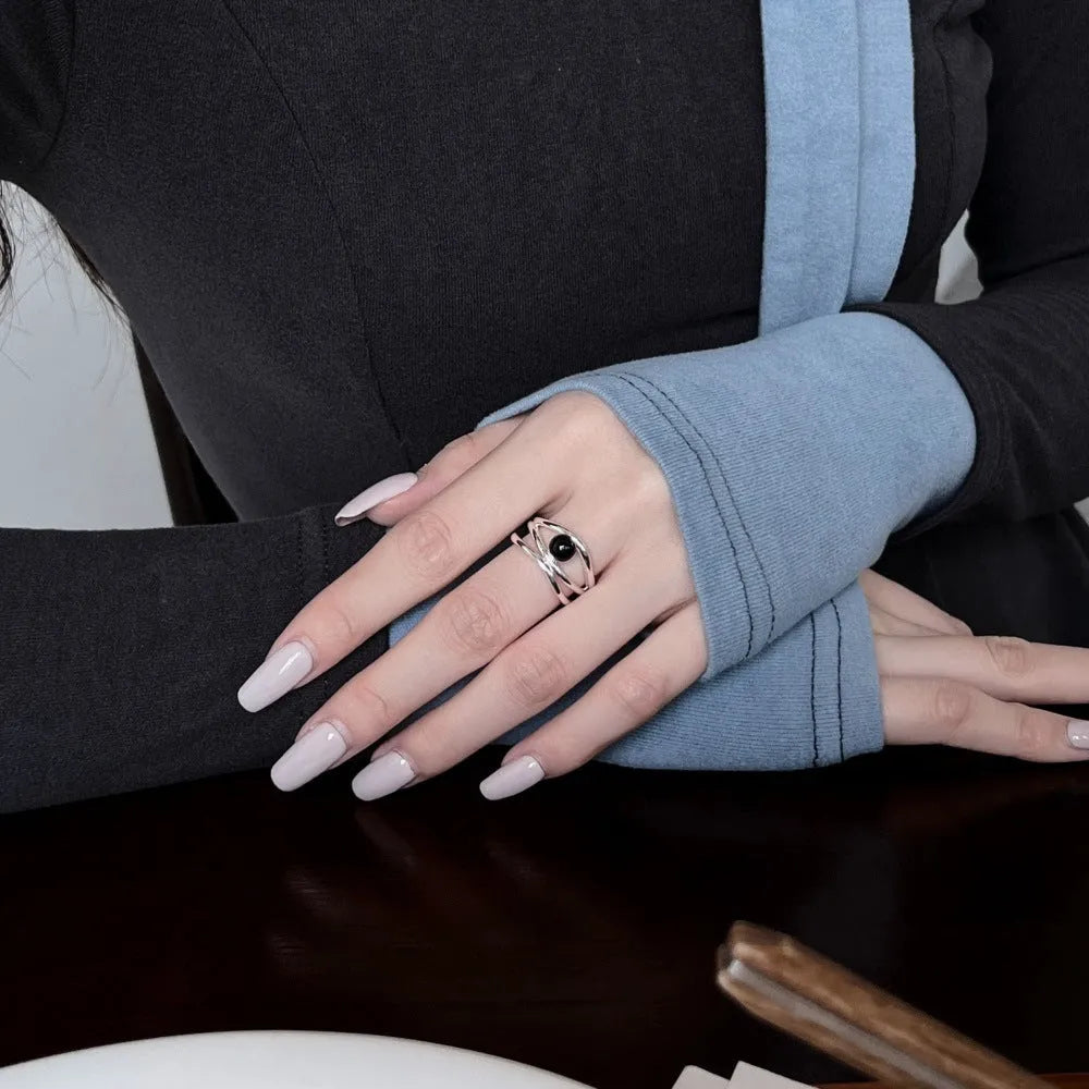 S925 sterling silver ring with black agate inlay adjustable opening geometric hollow design for women