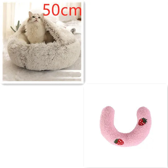 Round plush pet bed in brown for cats and small dogs, size 40cm