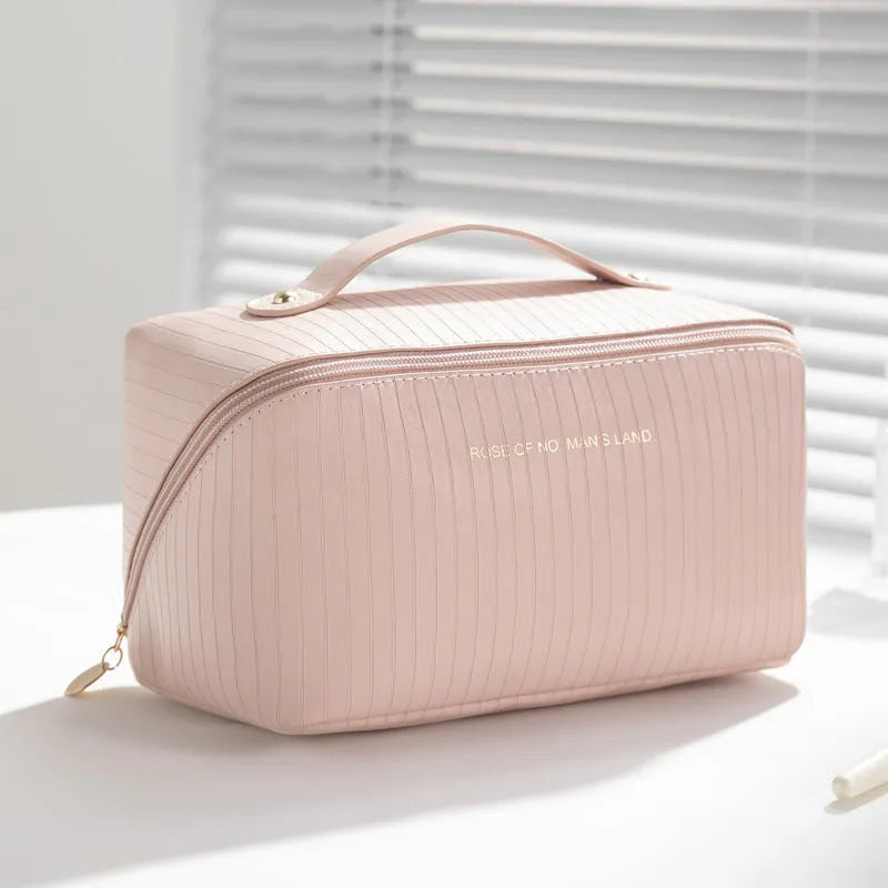Vertical pattern PU makeup bag showing cubic 22.5cm shape in available colour options